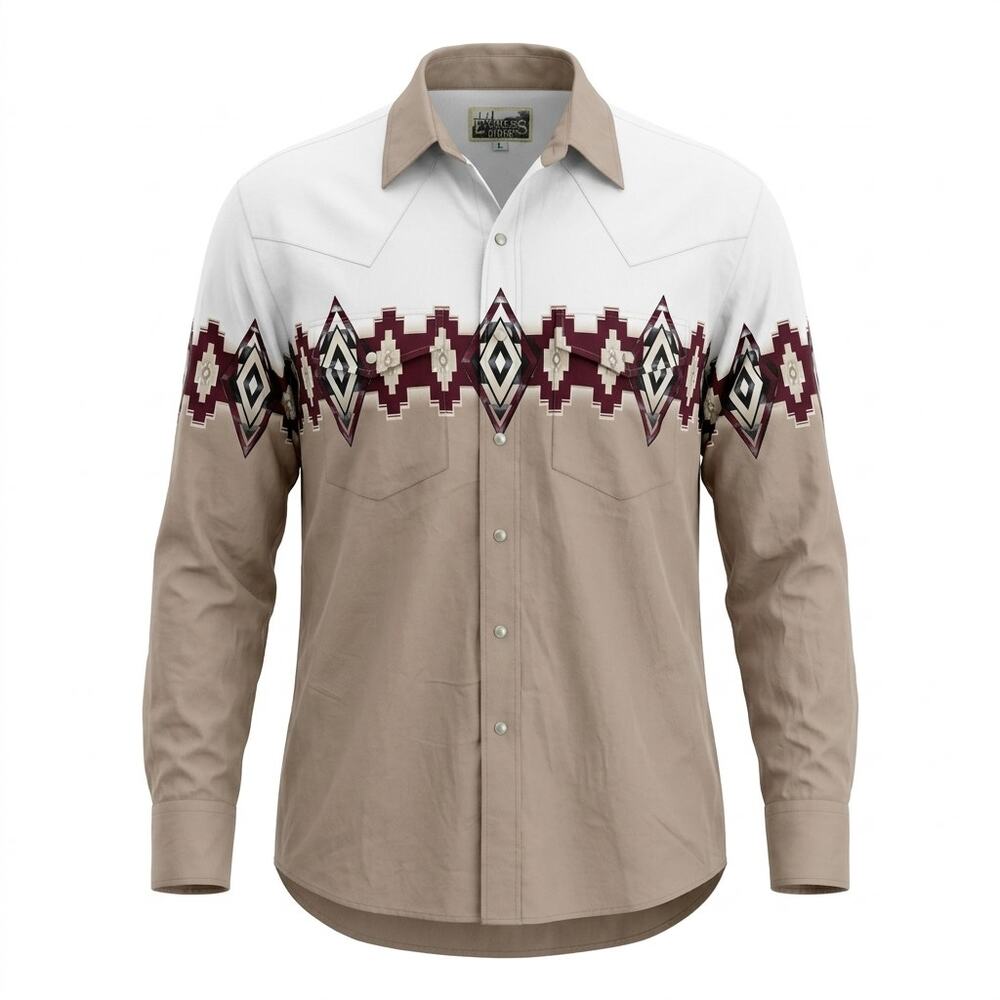 Vintage Express Rider Beige Western Geometric Button-Up Shirt Men Size L